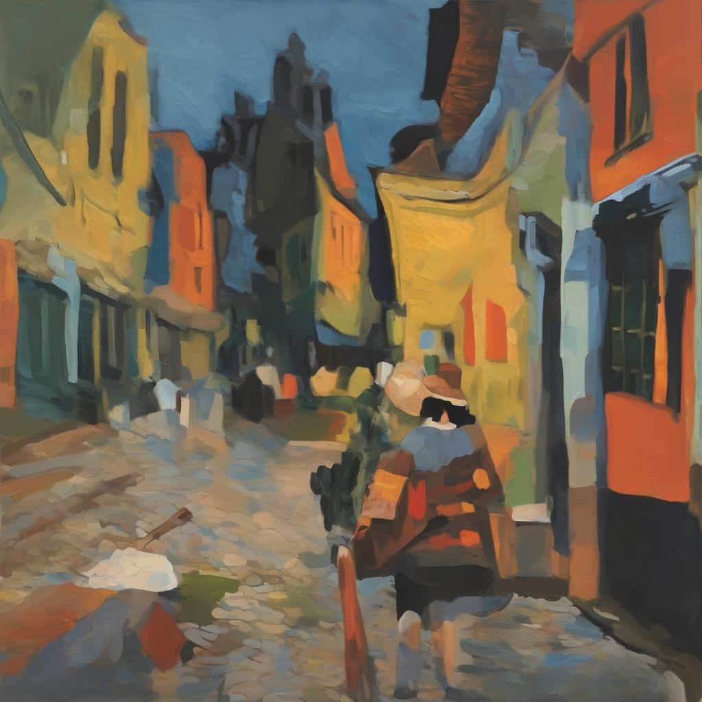 Ζωγραφική εκκλησιαστική σκηνή με παλαιά κτίσματα σε πλακόστρωτο δρόμο, ζωγραφισμένη σε ζωηρά χρώματα, ιδανική για καλλιτεχνικές βιογραφίες.
