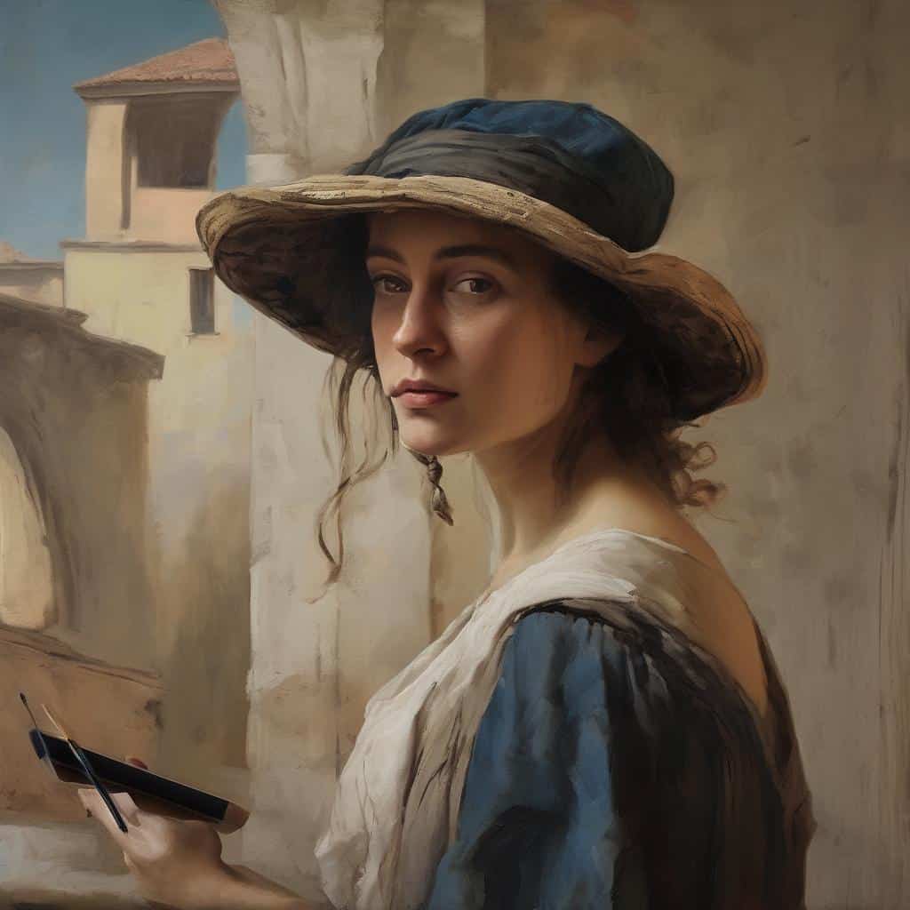 Ανθρώπινη γυναίκα ζωγραφική με καπέλο και μπλοκ ζωγραφικής, καλλιτέχνες, βιογραφίες και έργα τέχνης.