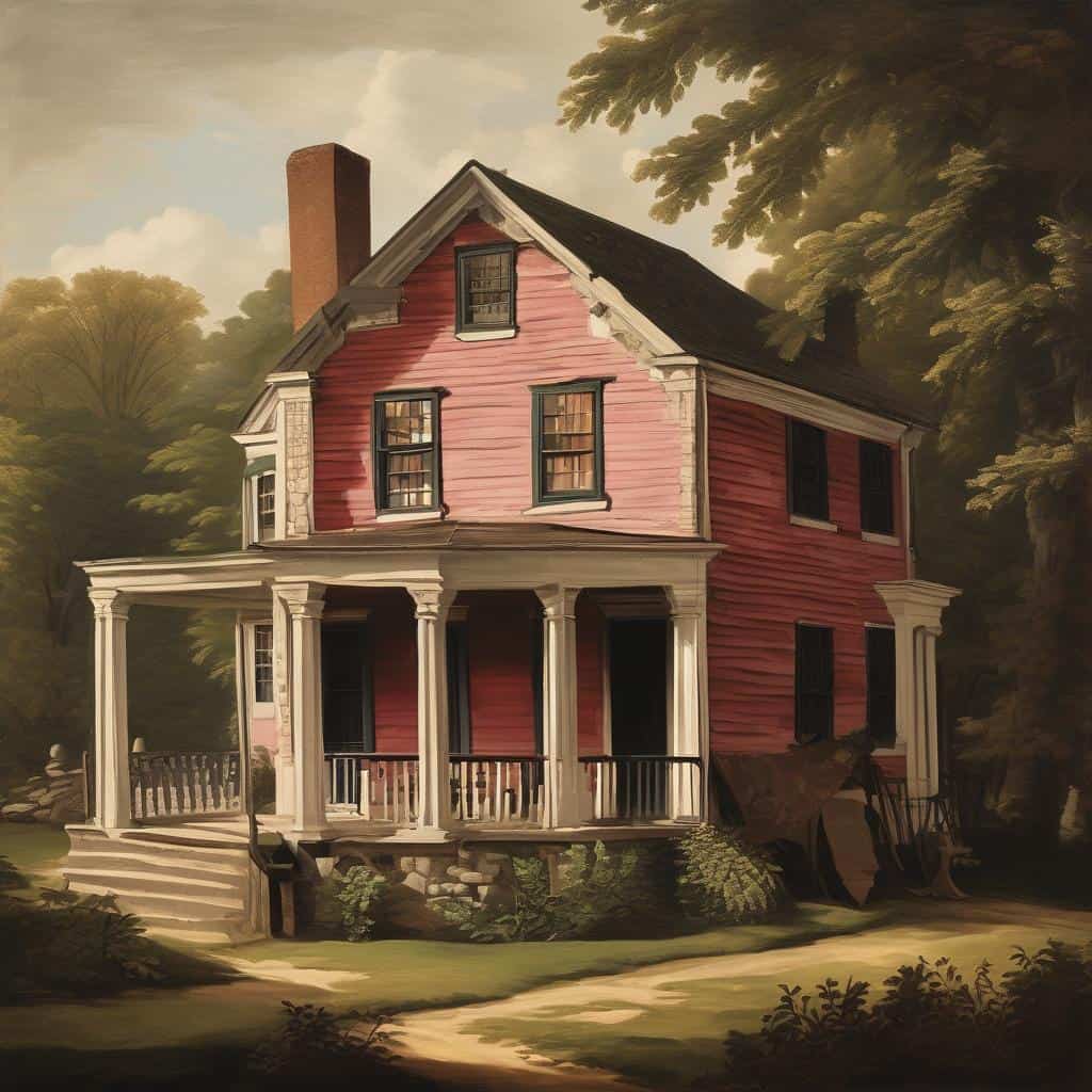 Παραδοσιακή ξύλινη καλλιτεχνική κατοικία σε ζωγραφική απεικόνιση, με έμφαση στη ζωή των καλλιτεχνών και το έργο τους.