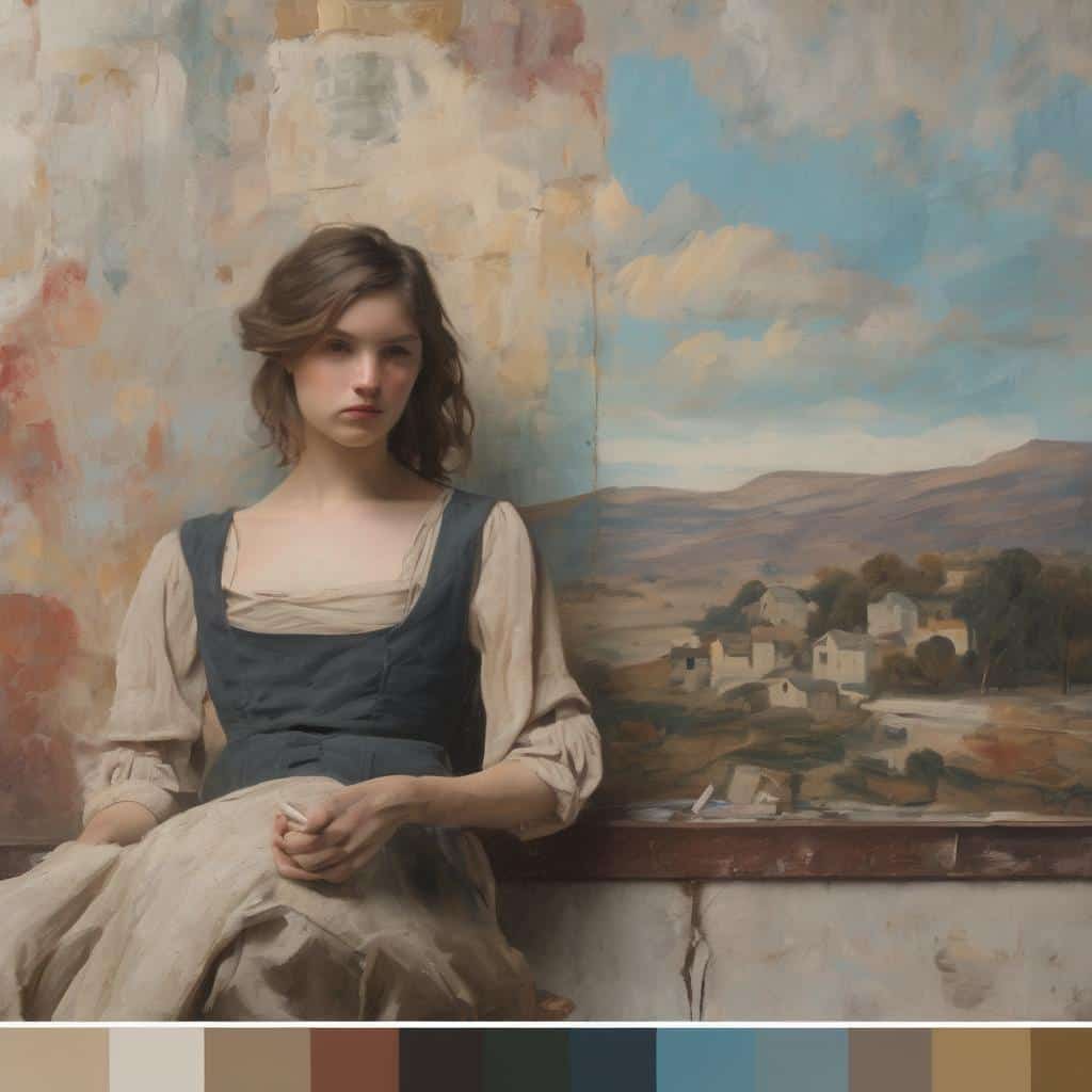 Παследση εικόνας με νεαρή κοπέλα μπροστά σε τοιχογραφία τοπίου, ζωγραφική πορτρέτο και βιογραφίες καλλιτεχνών.