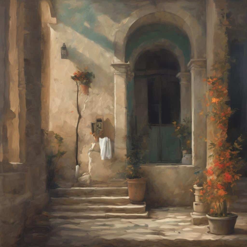 Χαρακτικό τοπίο σε παλιά αυλή με λουλούδια και βάθρα, αποπνέοντας γαλήνη και ιστορία.