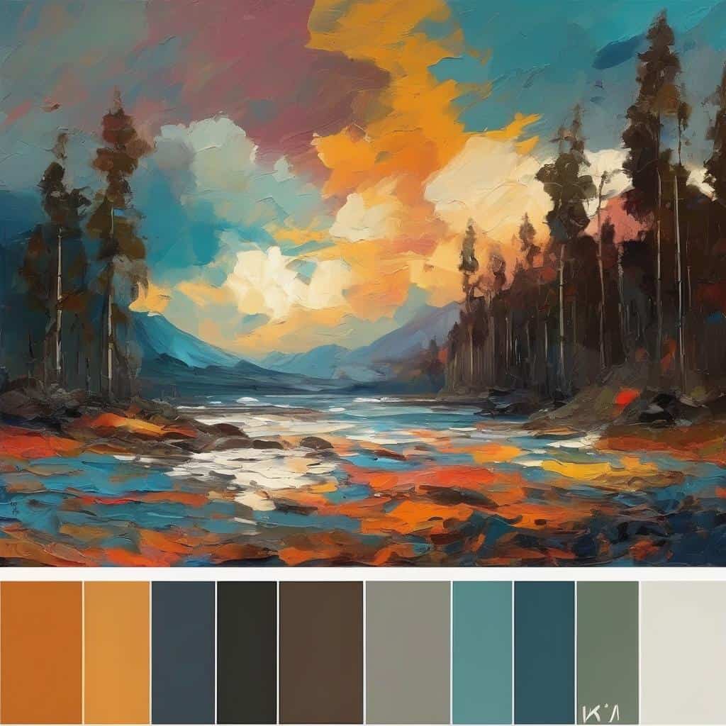 Ζωγραφική τοπίου με λίμνη και δέντρα σε ηλιοβασίλεμα, καλλιτεχνική δημιουργία.