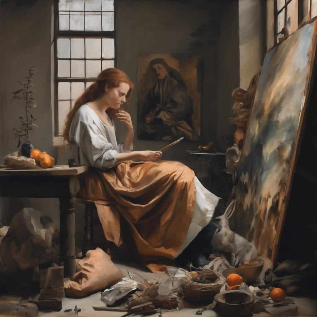 Ζωγράφος γυναίκα σε στούντιο ζωγραφικής, έργο τέχνης, βιογραφία καλλιτέχνη, ζωγραφίζει σε εσωτερικό χώρο.